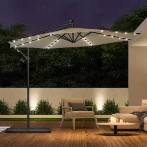 9ft/10ft Outdoor Solar Parasol with LED Steel and Iron Pole Aluminum Frame Base for Garden Beach Patio Umbrella Outdoor