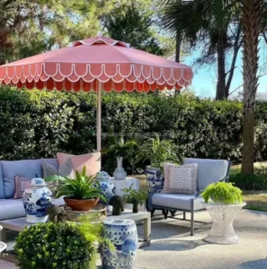9ft Custom Logo Aluminum SunShade Outdoor Pink Scalloped Patio Umbrella Commercial With Fringe