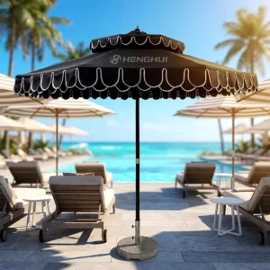 9ft Scalloped Edge Black Patio Umbrella Double Top Windproof Aluminum Market Parasol for Cafe Terrace Restaurant