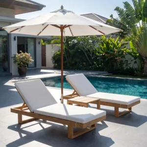 Adjustable Back Teak Wood Outdoor Lounger Chair with Umbrella for Pool and Garden