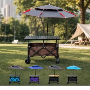 Adjustable Height Metal Stall Cart Umbrella, Large Foldable Four-Wheel Waterproof Tabletop OEM Camping Night Market