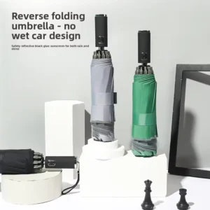 Adult Color-Handle Reflective-Strip Ten-Rib Fully Automatic Reverse Three-Fold Logo-Printing Umbrella