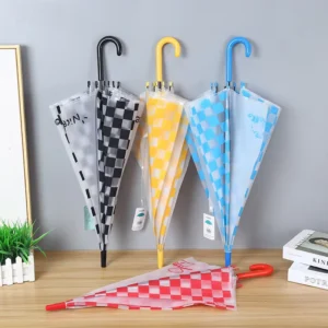 Adult and Student Colorful Matte Long-Handled Umbrella with Black and White Chessboard Pattern, Frosted Transparent