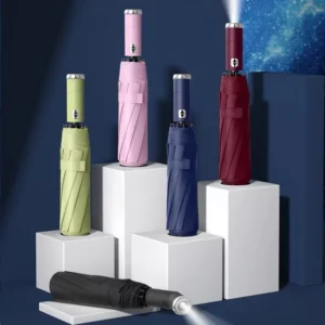 Adults Large Sturdy Wind-Resistant Iron Tube Umbrella LED Flashlight Lighting Fully Automatic Sun Protection Sports Promotional