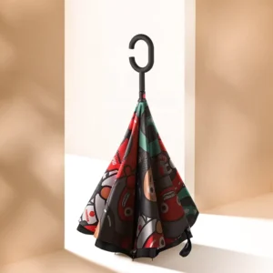 All Fiberglass 23 Inch 46 Inch Hands Free C Shape Handle Straight Reverse Umbrella with Colorful Logo Printing