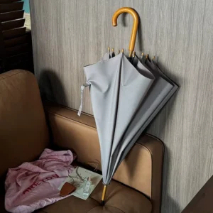 All-Weather Solid-Color Windproof Reinforced Straight Umbrella with Wood J Handle
