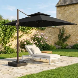 All-Weather Square Cantilever Patio Umbrella 10ft Double Top Windproof Heavy Duty Offset Parasol with Base