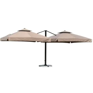 Aluminum 11ft Square Offset Sunshade with Double Canopy, Two Heads, and Wicker Finish