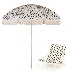 Aluminum Beach Chair Parasol Umbrella With Wooden Pole Fringed Cotton Tassels Modern