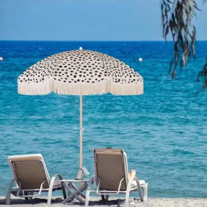 Aluminum Beach Chair Parasol Umbrella with Wooden Pole Fringed Cotton Tassels Outdoor