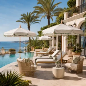 Aluminum Center Pole Patio Umbrella with Anti-UV Steel Base Auto Tilt for Hotels and Poolside Villas