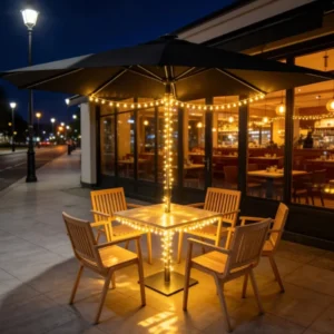 Aluminum Center-Pole Patio Umbrella with Solar Light and Base for Restaurant, Hotel, Beach, or Garden