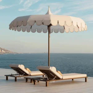 Aluminum Center Pole Scalloped Valance Patio Umbrella with Wind-Resistant Durable Structure for Hotels, Poolside, and Gardens