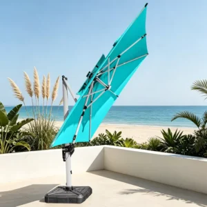 Aluminum Contemporary Patio Umbrella with LED Lights 3.5m Radius Waterproof UV Protection Foldable for Garden