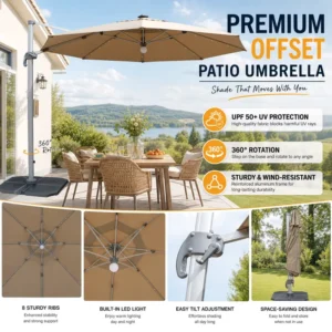 Aluminum Frame Roman Parasol With Lamp Heavy Duty Cantilever For Outdoor Restaurants Patios Cafe Street Sidewalk