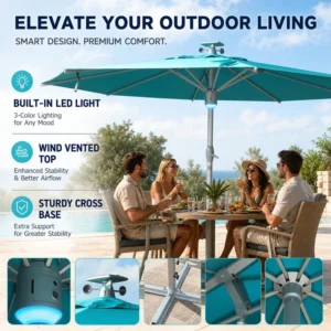 Aluminum Garden Patio Umbrella, 2 m, Wind Sensor, Automatic Folding, LED Lights