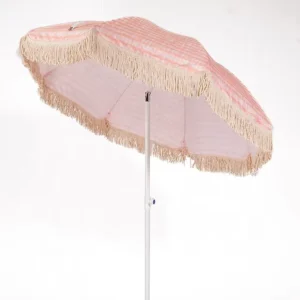 Aluminum Outdoor Sunshade Beach Umbrella with Wooden-Color Finish and Tassels