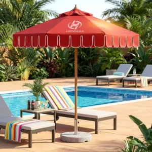 Aluminum Patio Umbrella Beige Center Pole Outdoor Parasol Tassel Fringe for Garden Picnic Backyard