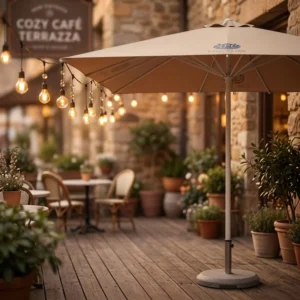 Aluminum Pole Parasol with Light Bead Valance Trim, Waterproof Fabric for Cafe, Coffee Shop, and Terrace Shade