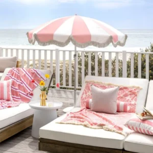 Aluminum Resort Parasol in Pink and White with Fringe
