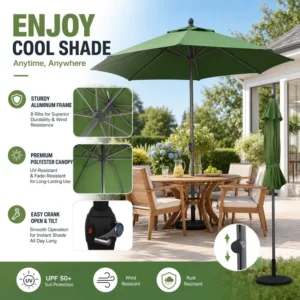 Aluminum Windproof Anti-UV Garden Patio Umbrella with Base
