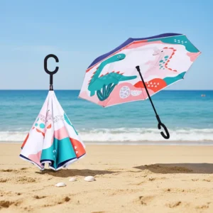 Animal Print Kids Straight Pongee Fabric C-Handle Hands-Free Reverse Manual Umbrella