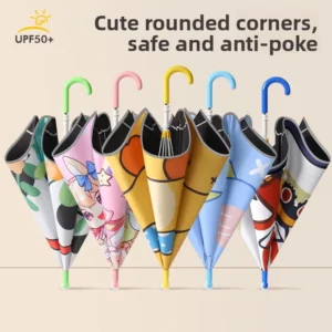 Anti Poke Kids Cartoon Umbrella Rounded Edges Straight Handle Long Handle Lightweight Sun Rain Umbrella Boys Girls Kindergarten