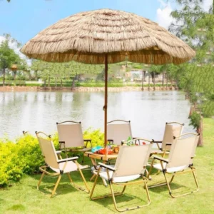 Artificial Straw Aluminum Windproof Height Adjustable Large Sunshade Outdoor Folding Umbrella for Beach Courtyard