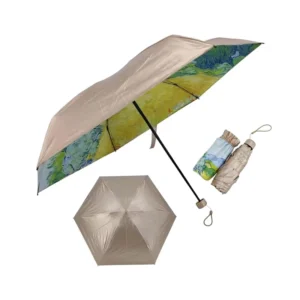 Artistic Digital Print Golden UV Coating Physical Heat Insulation Windproof Reinforced Black Metal Frame 5 Mini Folding Umbrella