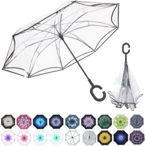 Auto Double Layer Transparent Reflective Upside Down Reverse Umbrella With Light Logo Print
