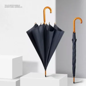 Auto Function 190T Wood Umbrella with Custom Logo J Wooden Handle Straight Sticks for Rain