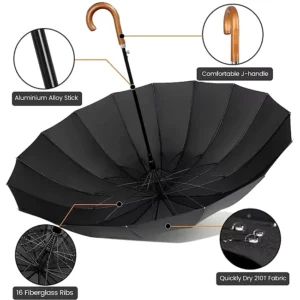 Auto-Open 27 Inch 16-Rib Wood-Handle Windproof Straight Umbrella