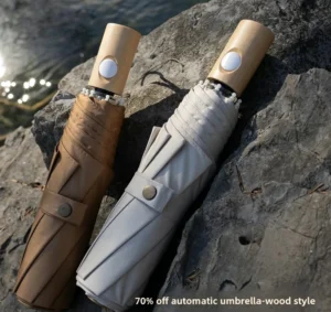 Auto-Open 3-Fold Umbrella with Wooden Handle, UPF50+, Windproof, 8 Fiberglass Ribs