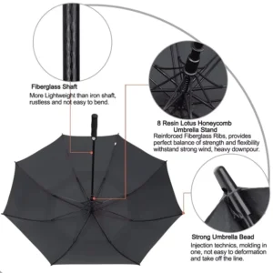Auto-Open Fiberglass Golf Umbrella, Windproof 190T Pongee, Waterproof Black UV-Coated