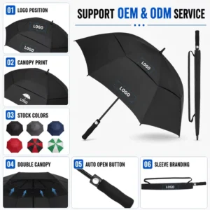 Auto Open Vented Golf Umbrella 132cm Double Canopy Windproof Long Straight Handle Sleeve