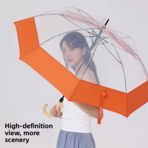 Auto Open Windproof Fiberglass Frame Wooden Curved Handle Transparent POE 106cm Umbrella