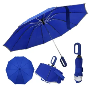 Automatic 3-Fold Reverse Windproof Umbrella with Hanging Loop, Reflective Piping, Aluminum Frame, and Custom Logo