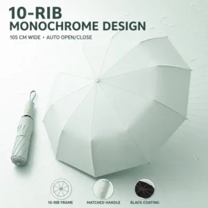 Automatic 3 Fold Umbrella, 10 Ribs, UV Protection, Sun Rain Folding Parasol, Custom Logo Canopy Print