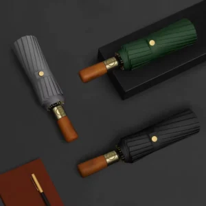 Automatic 3-Fold Windproof Umbrella with Wooden Handle Large Printed Logo Men’s Business Folding Rain Umbrella