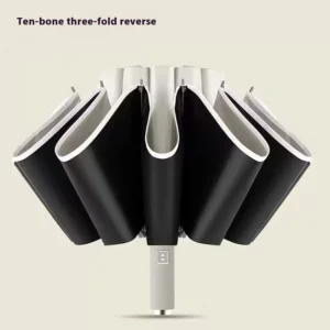 Automatic 8K Rib Ten-Bone Three-Fold Reverse Car Folding Umbrella Black Coating