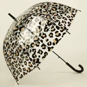 Automatic 8k Windproof Straight Umbrella Fashion Transparent Canopy Leopard Print Water-Resistant Fiberglass Iron Frame