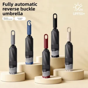 Automatic Black-Coated Large Reinforced Reverse Umbrella with Hook, UV Protection, for Rain and Sun