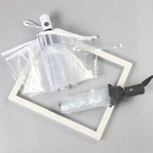 Automatic Clear Rain Umbrella with Straight Handle, 3-Fold Design