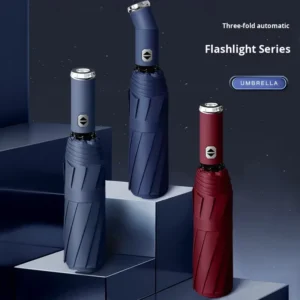 Automatic Folding Three-Fold Business Umbrella LED Light Reflective UV Protection 10 Fiberglass Ribs
