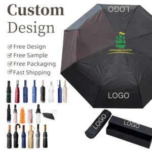 Automatic Folding Umbrella 3-Fold Rain UV Windproof Custom Logo Pongee Fiberglass 98cm Sun Parasol