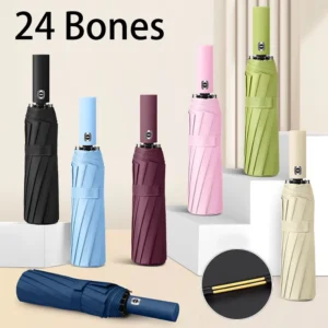 Automatic Folding Umbrella Gold Ribs Windproof Reinforced Frame Sun Rain