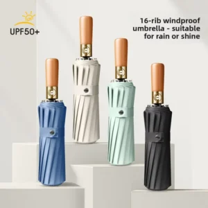 Automatic Folding Umbrella Wood Handle UV Protection Sunshade Windproof Outdoor Custom Logo