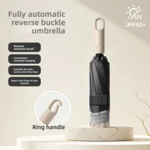 Automatic Large Reverse Umbrella with Hook, Black Coated Anti-UV Double Canopy