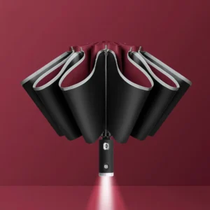 Automatic Open 3 Fold Iron Tube Umbrella Reverse 10 Ribs Black Coating Sunshade Travel Custom Logo Printing LED Business Gifts