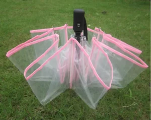 Automatic Open-Close Folding 21-Inch Clear PVC Umbrella with Pink Edge